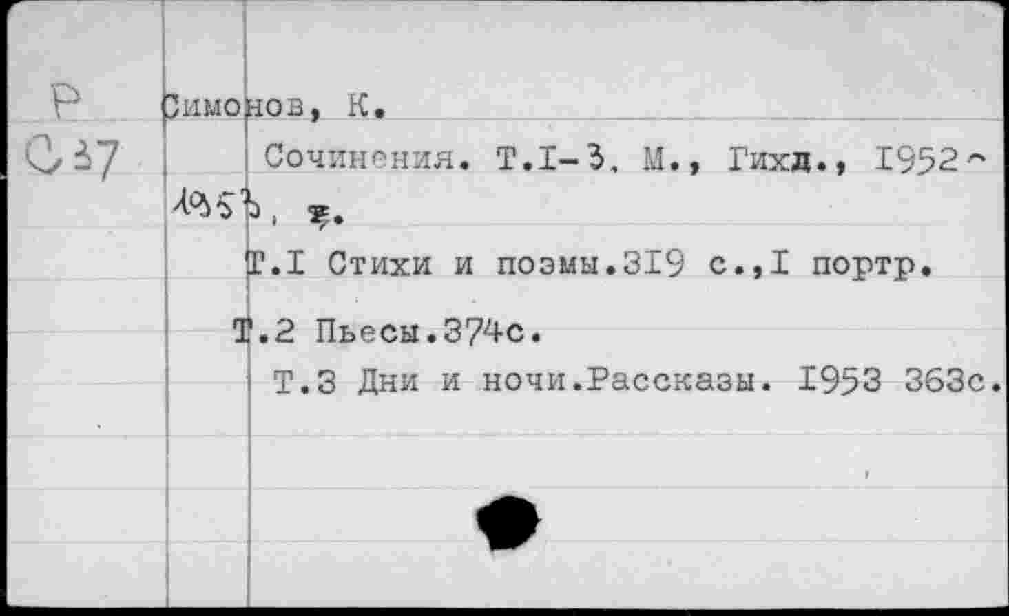 ﻿р шлоров, К.
Сочинения. Т.1-3, М., Гихд., 1952 -, у.
Т.1 Стихи и поэмы.319 с.,1 портр.
■
Т.2 Пьесы.3?4с.
Т.З Дни и ночи.Рассказы. 1953 363с.